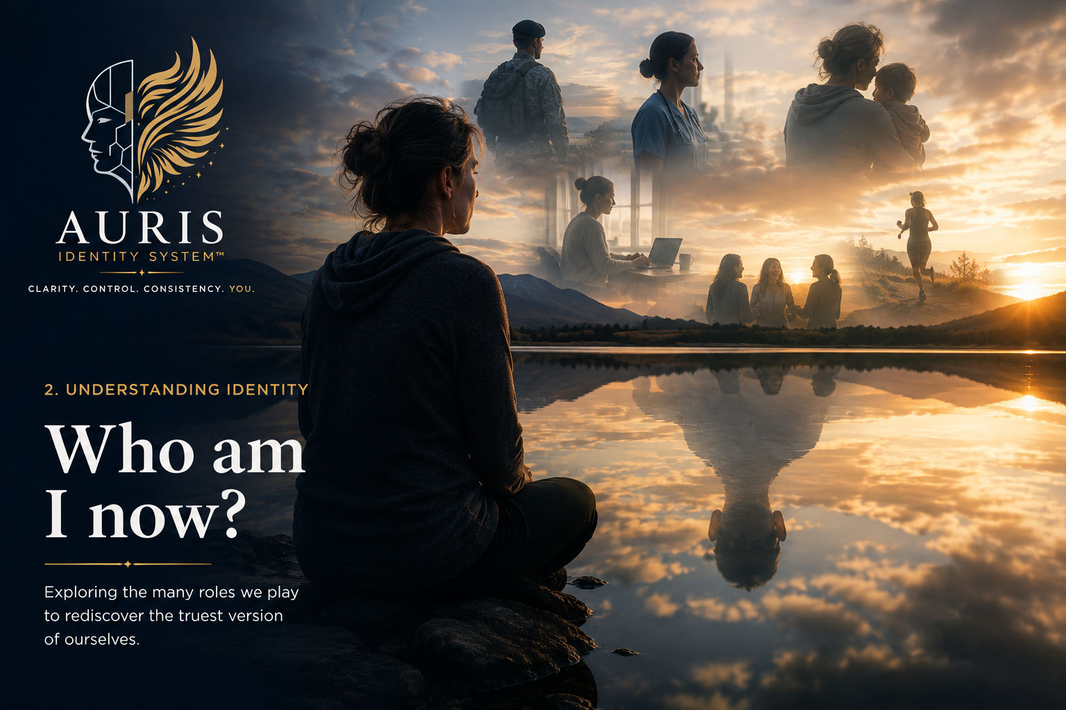 Understanding Identity cover: a person sitting by still water at sunrise with faint images of different life roles above, beside the words Who am I now?
