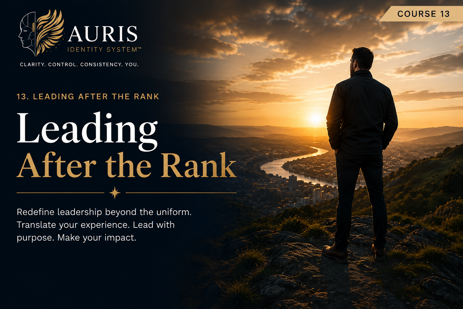 Leading After the Rank cover: a person standing on a hillside at sunrise looking over a river city, beside the words Leading After the Rank.