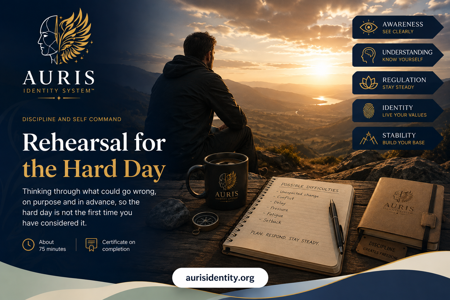 Rehearsal for the Hard Day cover: a notebook headed Possible difficulties beside an AURIS mug and compass at sunrise, with the words Plan. Respond. Stay steady. and the five AURIS pillars.