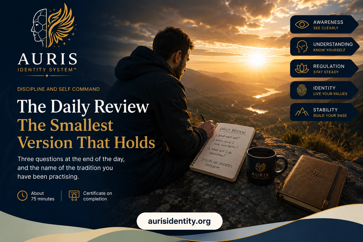 The Debrief cover: a man writing a daily review of three questions in a notebook on a hillside at sunrise, beside the words The Daily Review, the smallest version that holds.
