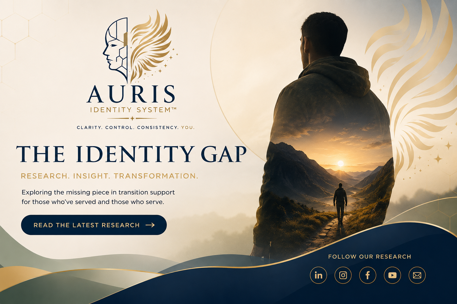 AURIS Identity System, The Identity Gap. A service leaver looking towards a sunlit mountain path.