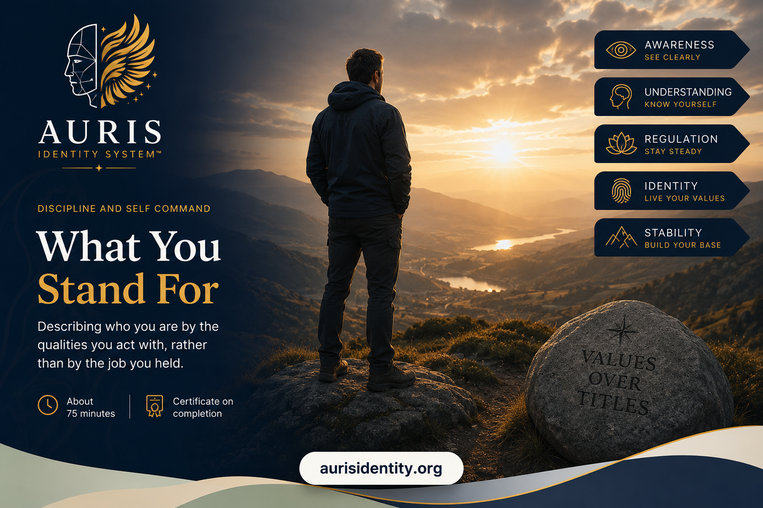 What You Stand For cover: a man standing on a rock at sunrise above a valley beside a stone carved Values over titles, with the five AURIS pillars listed.