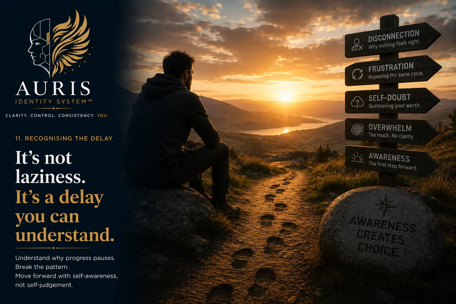 Recognising the Delay cover: a person sitting beside a footprint-marked path at sunrise facing a signpost reading Disconnection, Frustration, Self-Doubt, Overwhelm and Awareness, beside a stone carved Awareness creates choice.