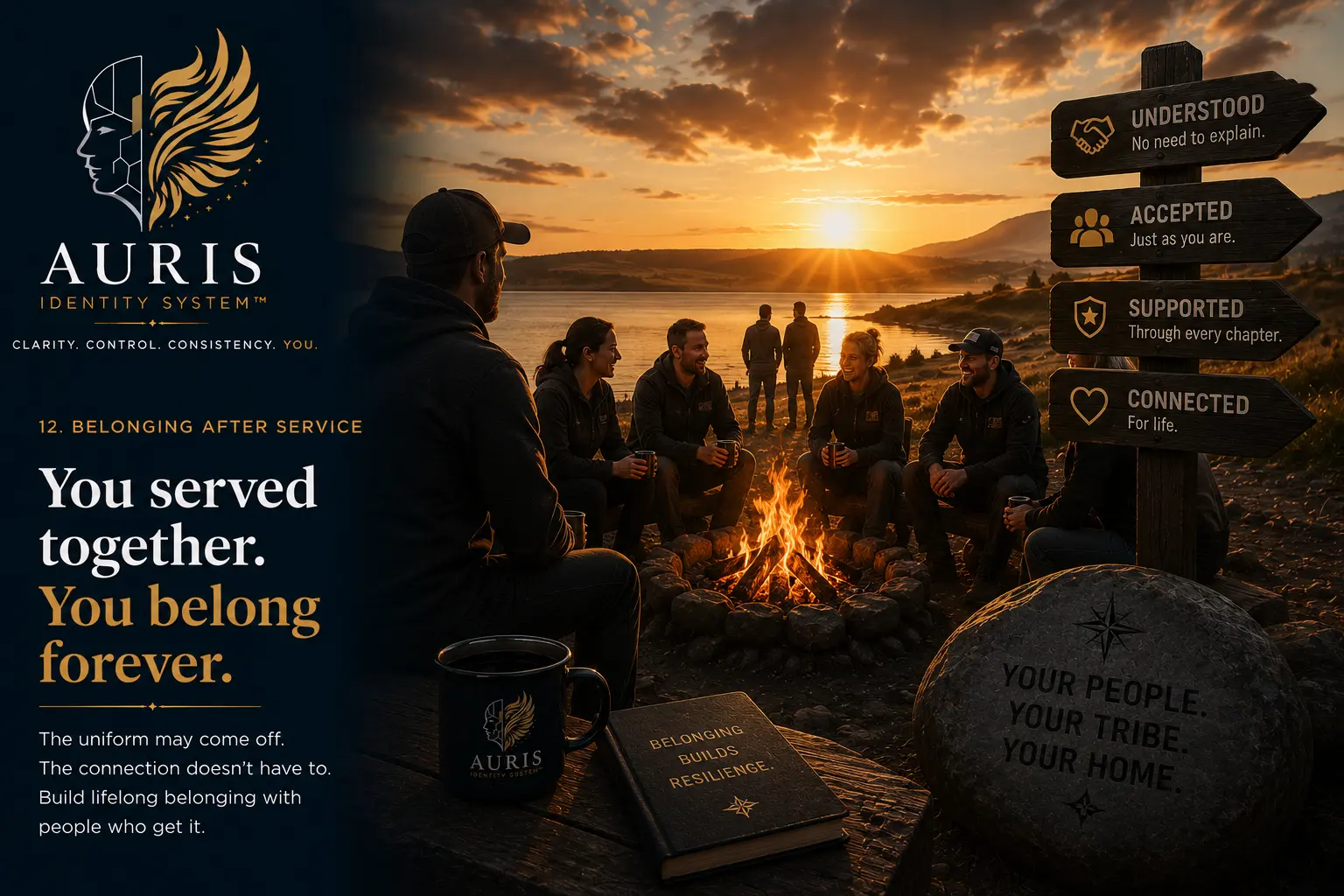 Belonging After Service cover: former colleagues sitting around a lakeside campfire at sunset beside a signpost reading Understood, Accepted, Supported and Connected.