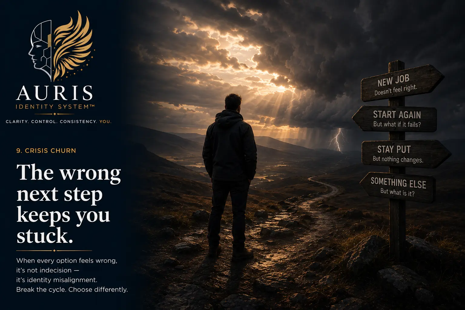 Crisis Churn cover: a person standing on a stormy hillside path facing a signpost reading New Job, Start Again, Stay Put and Something Else, beside the words The wrong next step keeps you stuck.