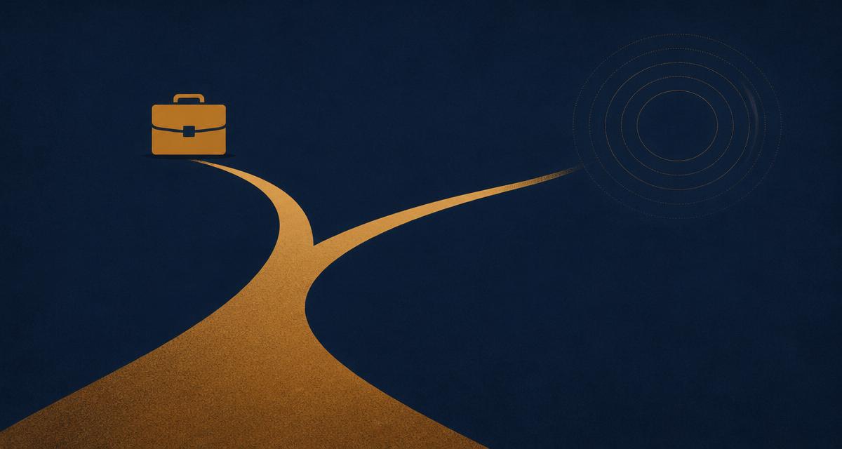 Abstract illustration in navy and gold representing the gap between a completed job search and an unresolved sense of identity after service.