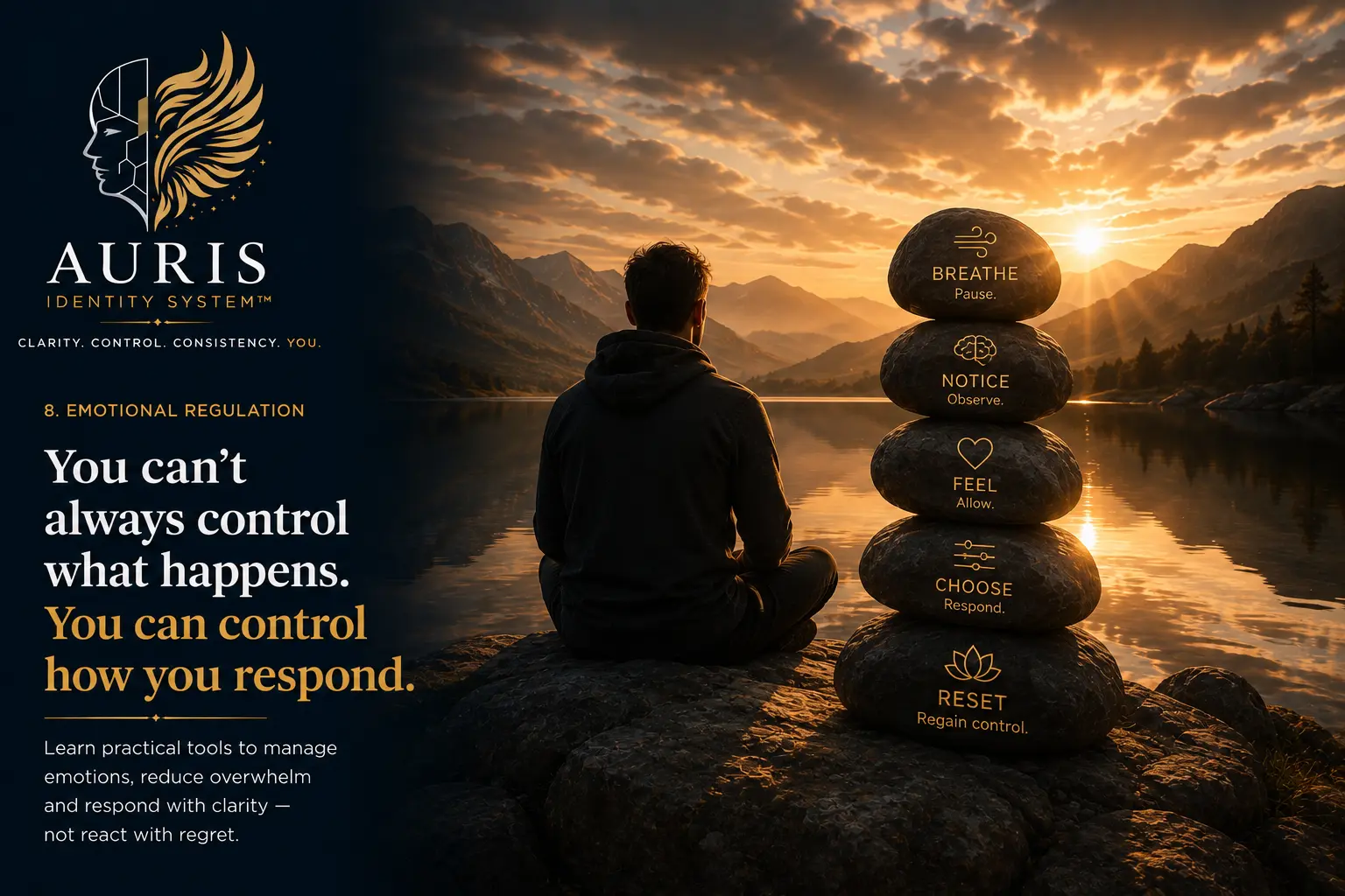 Emotional Regulation cover: a person sitting calmly by a still lake at sunrise beside a cairn of stones marked Breathe, Notice, Feel, Choose and Reset.