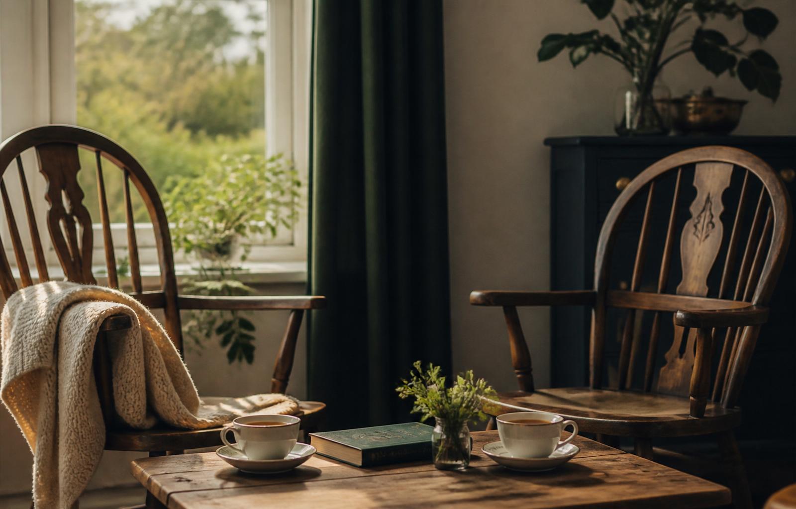 Two wooden chairs by a window with a folded blanket and two cups of tea on a low table, soft natural afternoon light.