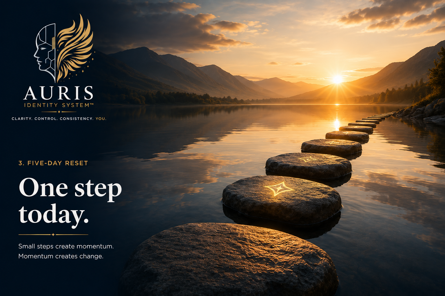 Five-Day Reset cover: lit stepping stones crossing a calm lake towards a sunrise, beside the words One step today.
