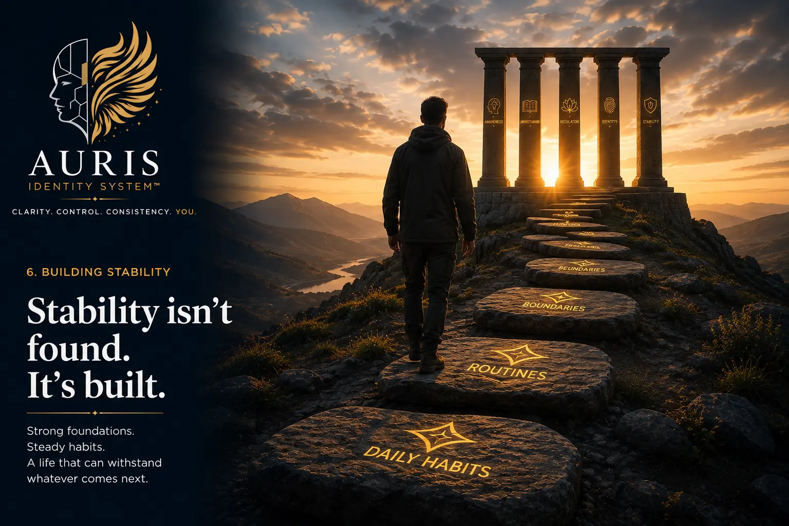 Building Stability cover: a person walking up stepping stones marked Daily Habits, Routines and Boundaries towards a pillared temple at sunrise, beside the words Stability isn't found. It's built.