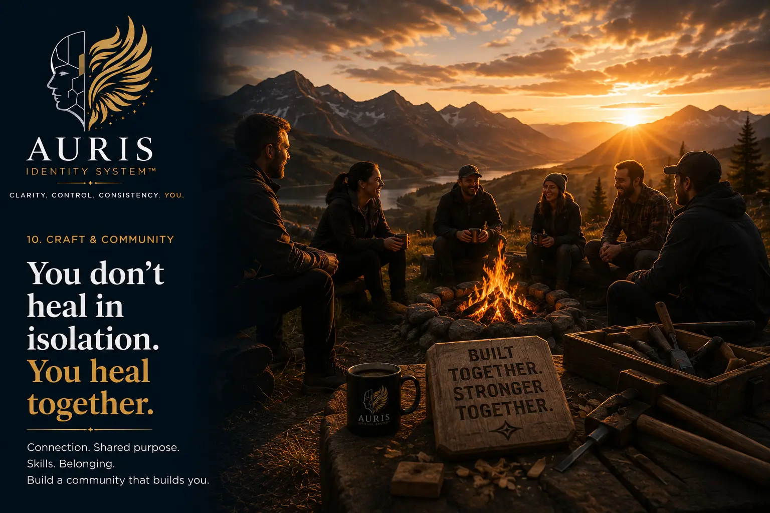 Craft and Community cover: a group sitting around a campfire in the mountains at sunset beside a carved board reading Built together. Stronger together.