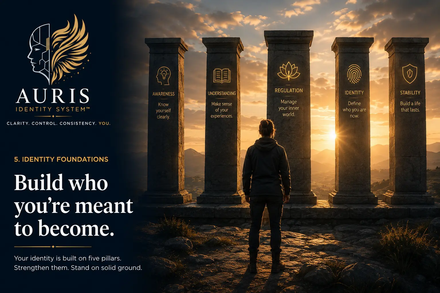 Identity Foundations cover: a person standing before five stone pillars at sunrise named Awareness, Understanding, Regulation, Identity and Stability, beside the words Build who you're meant to become.