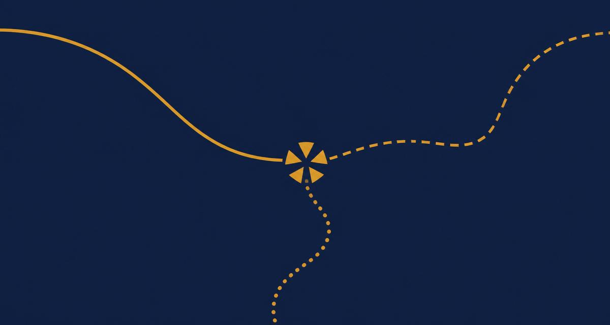 Abstract illustration in navy and gold of three converging paths meeting at a central point, representing three pilot programmes testing a shared framework.