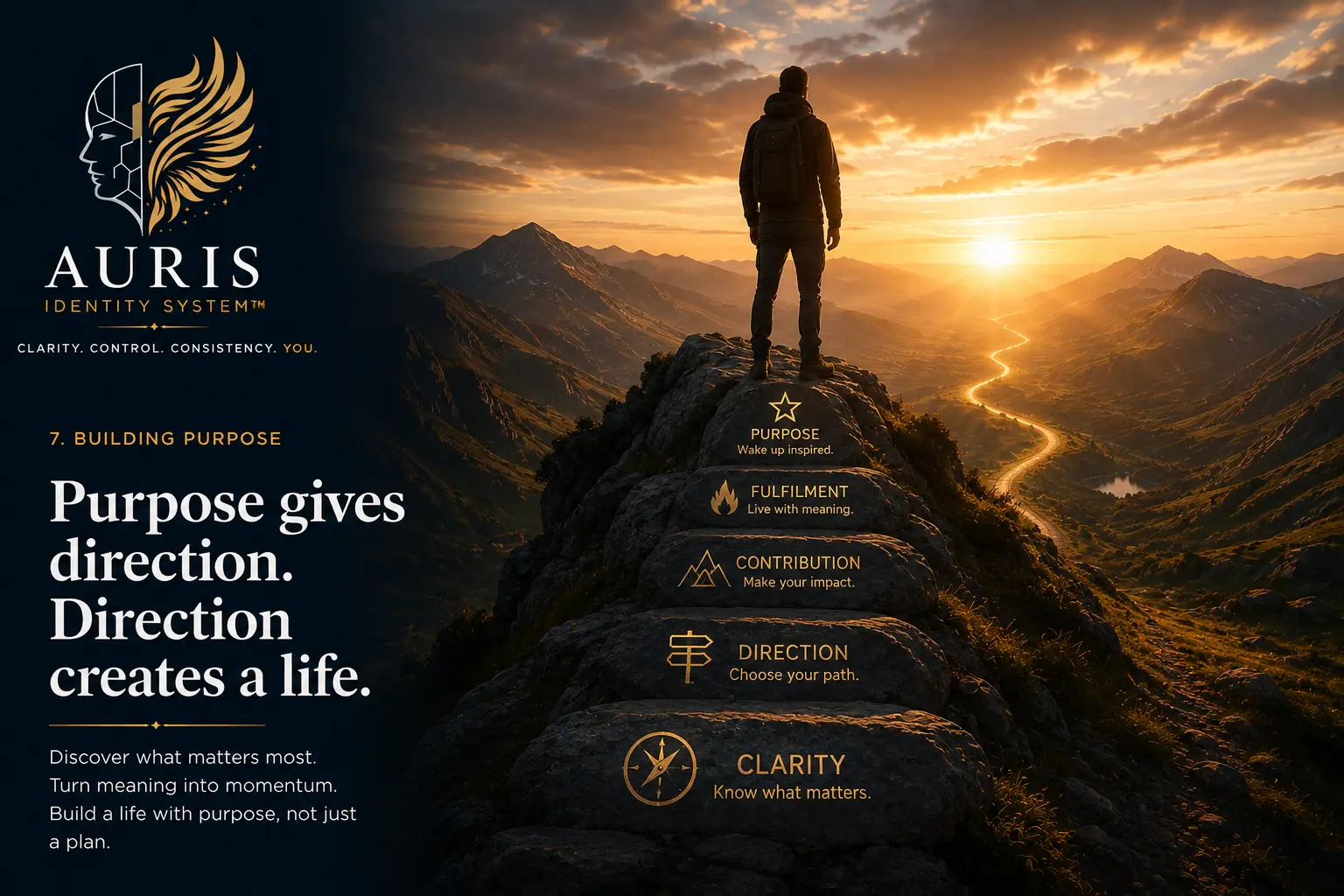 Building Purpose cover: a person on a mountain ridge at sunrise above stone steps marked Clarity, Direction, Contribution, Fulfilment and Purpose, beside the words Purpose gives direction.