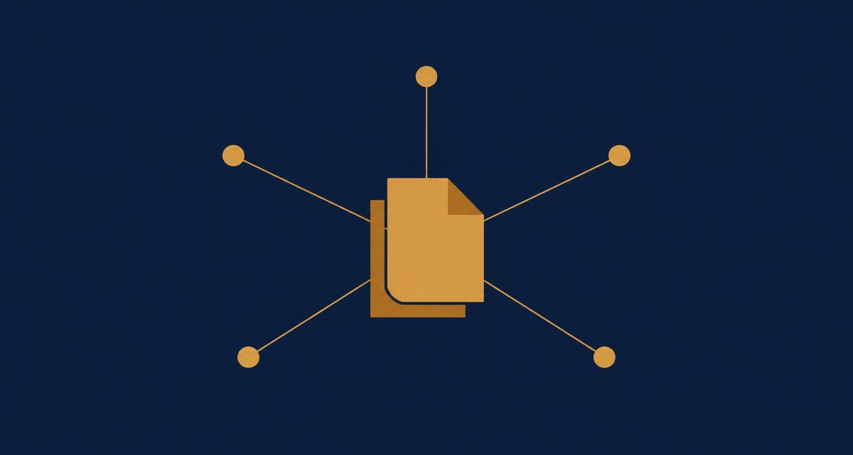 Abstract illustration in navy and gold of a document or report motif opening outward into a wider network, representing research shared with policy and partners.