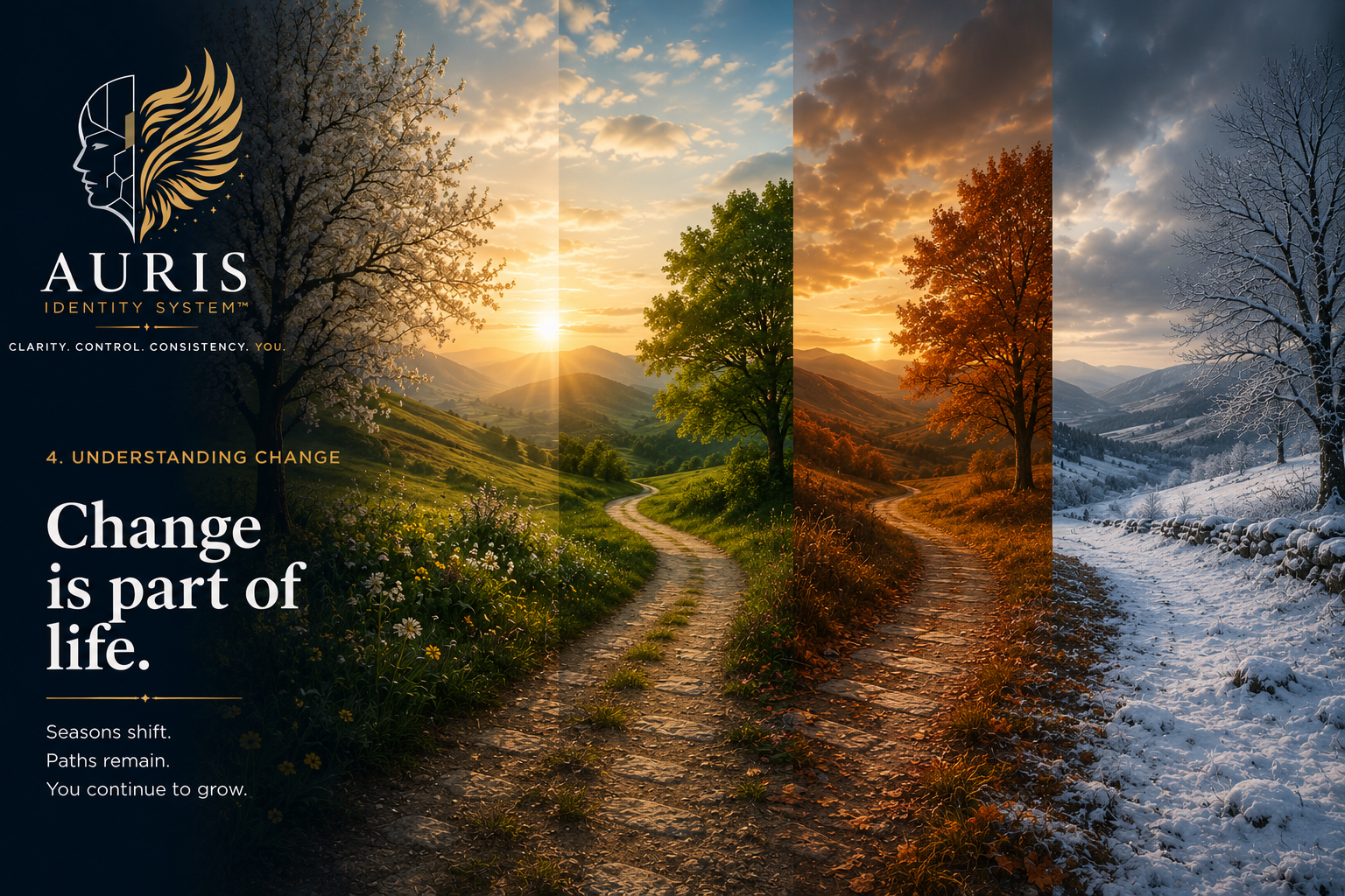Understanding Change cover: one path running through four seasons from blossom to snow, beside the words Change is part of life.