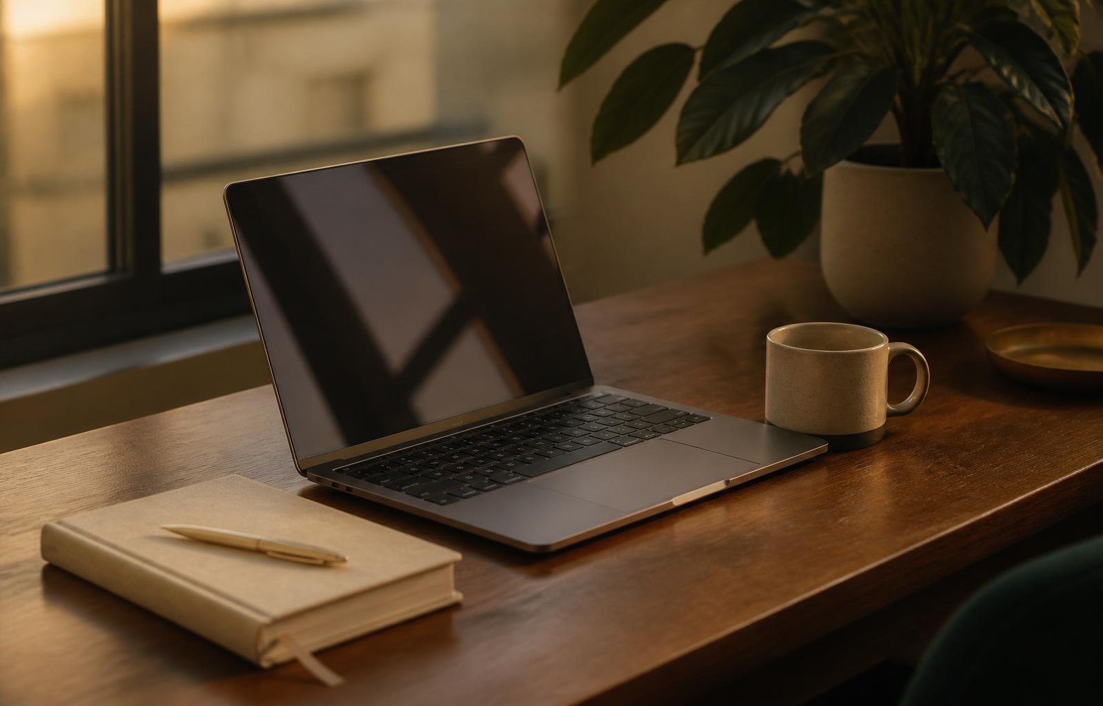 A slim laptop, linen-bound notebook and ceramic cup on a warm wooden desk in soft golden-hour daylight.