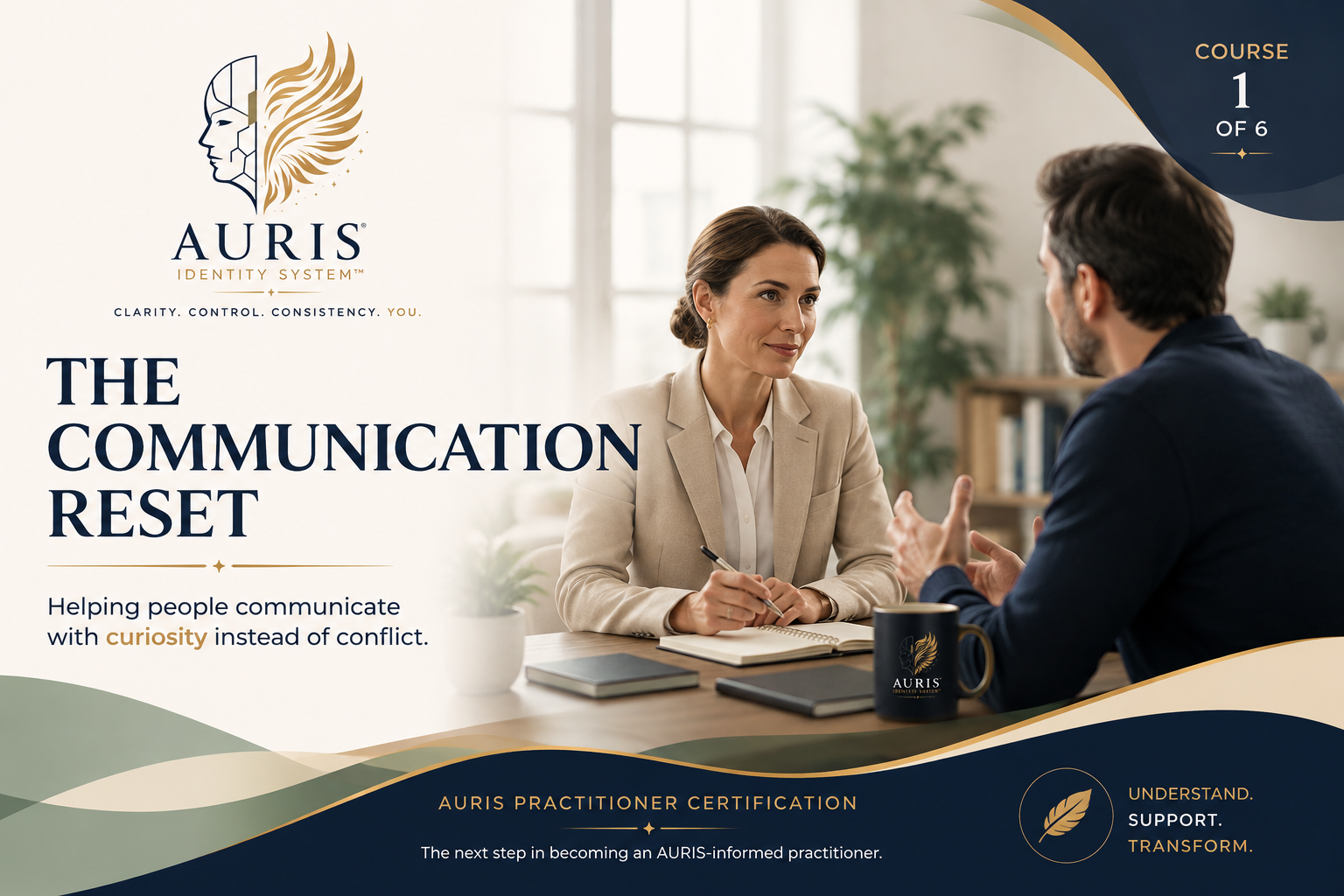 The Communication Reset cover: two people sitting and talking calmly across a table in warm light, beside the words The Communication Reset.