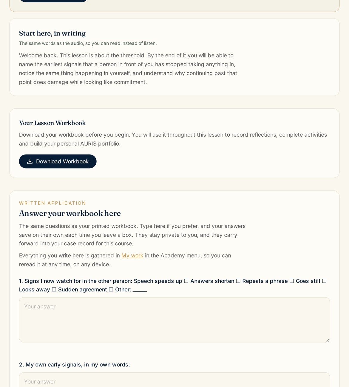 An AURIS Academy lesson, showing a short spoken welcome, the same words in writing, and a downloadable lesson workbook.