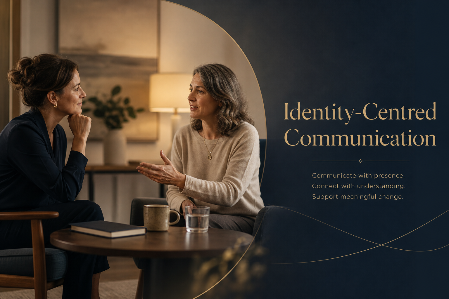 Identity-Centred Communication cover: a practitioner listening closely as a person speaks across a small table in warm light, beside the words Identity-Centred Communication.